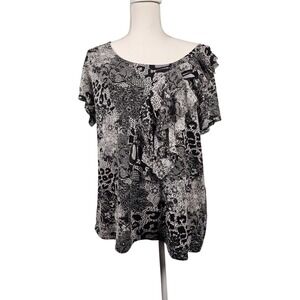 Relativity Asymmetrical Ruffle Whimsigoth Mixed Print Leopard Top Black White 2X